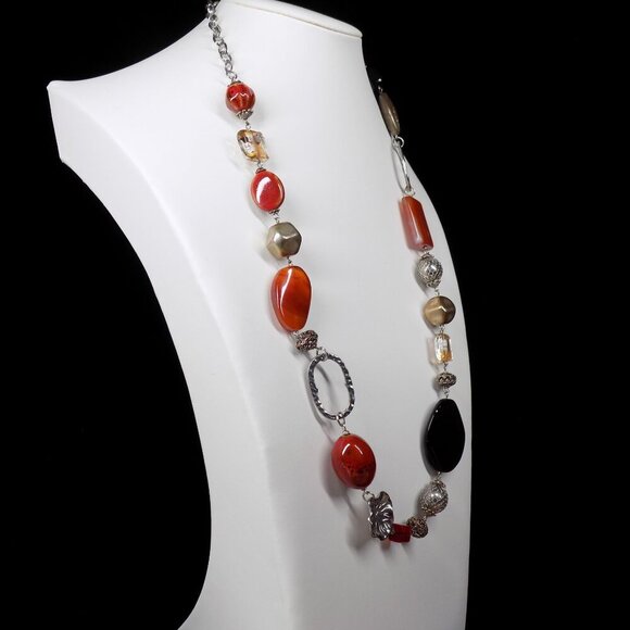 Premier Designs Long Necklace Black Orange Carnelian Agate Gemstone Silver-tone - Picture 10 of 13